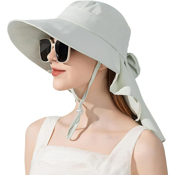 Women's Sun Hat UPF 50+ Wide Brim Gardening Hat with Bowknot Neck Flap Ponytail
