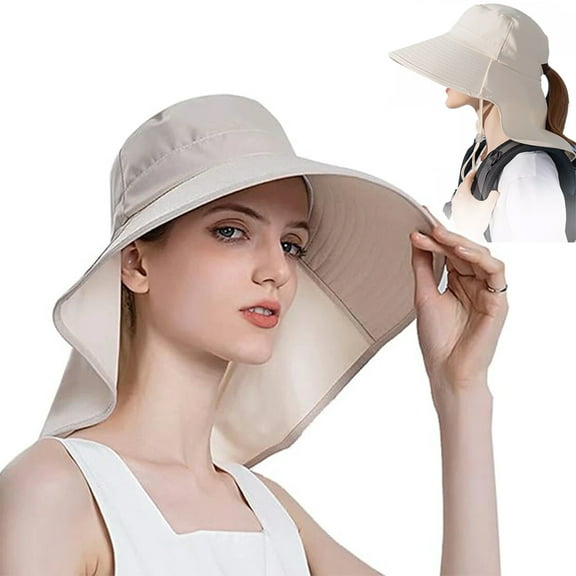 Women's Sun Hat, UPF 50  Wide Brim Safari Hat with Ponytail & Neck Flap Outdoor UV Protection, Beige