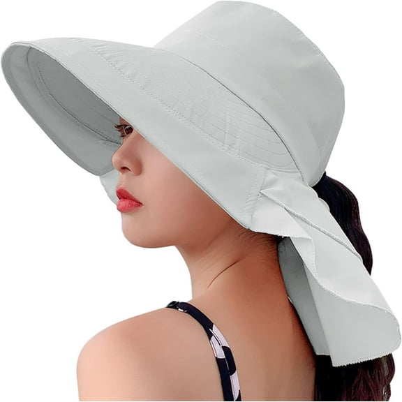 Women's Sun Hat UV Protection Wide Brim Ponytail Adjustable Beach Visor Fishing Hat with Neck Flap