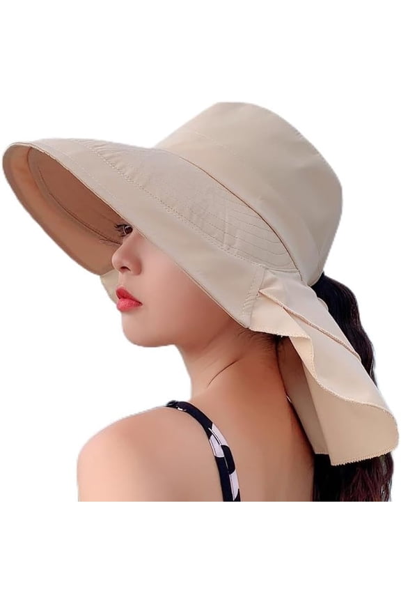 Women's Sun Hat UV Protection Wide Brim Ponytail Adjustable Beach Visor Fishing Hat with Neck Flap