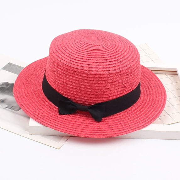 Women's Sun Hat, Vintage Bow Flat Top Straw Hat, Beach Sun Hat for Women, Wide Brim Sun Protection Hat for Vacation, Garden Party, Outdoor Activities and Summer Outfits-Watermelon Red