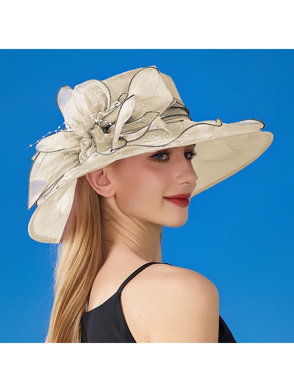 Women's Sun Hat Wide Brim Organza Flower Elegant Foldable Church Hat Beige by Hontri