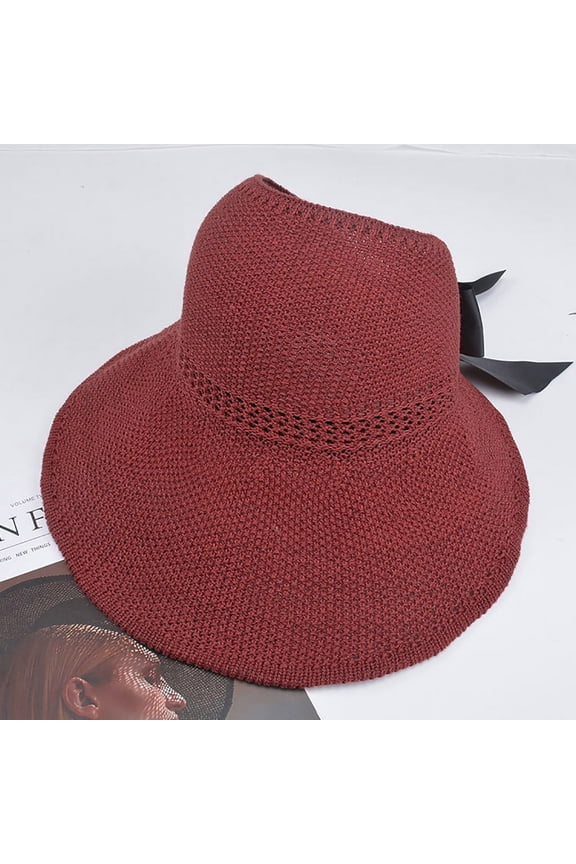 Women's Sun Hat, Wide Brim Visor with Bow, Floppy Packable Beach Hat for Summer, Outdoor, Gardening, and Sun Protection-Red