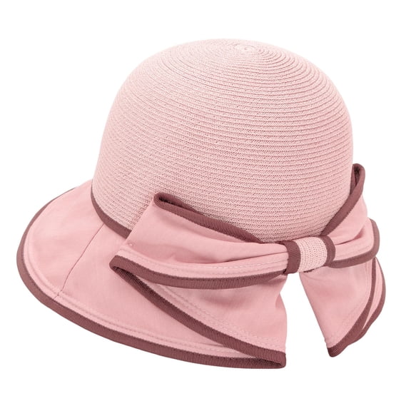 Women's Sun Hats, Large Brim Slit Sun Bow Knot Summer Straw Sun Hats for Women, Summer Beach UV Protection Sweet Bucket Hats, Foldable Packable, Pink