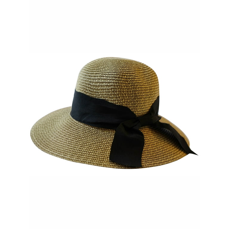 Women's Sun Hats Large Wide Brim Hat Women Packable Sun Hat Straw Hats With  Bow Tie Womens Beach Hat,Dark Brown