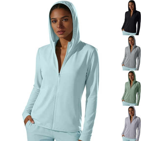 Women's Sun Protection Full Zip Athletic Jacket Long Sleeve Sun Shirt with Thumb Holes Pockets for Running Cycling Travel Hiking Workout, Light Blue, XL