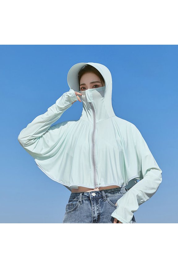 Women's Sun Protection Hoodie Jackets Athletic Ice Silk Thin Jacket with Mask Full-Zip Long Cooling Sleeve for Motorcycle Cycling Riding Outdoor,Green