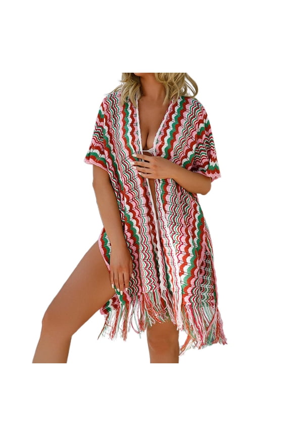 Women's Sun Protection Jacket Bikini Cut Out Beach Fringe Sunblock Sweater Cardigan,Red,One Size