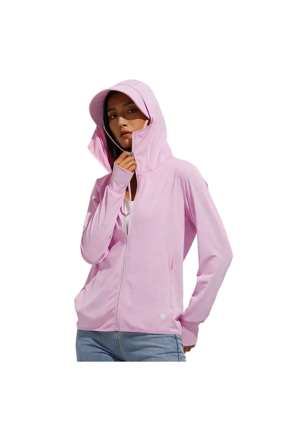 Women's Sun Protection Jacket Full Zip Thumb Hole Long Sleeve Outerwear Hooded Rash Guard with Zipper Pockets