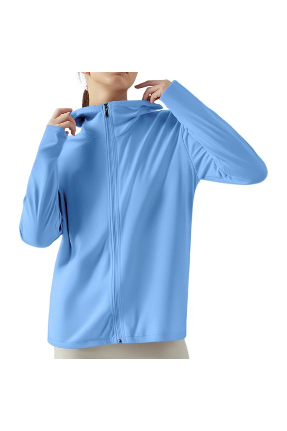 Women's Sun Protection Jacket Ice Silk Hooded Sunscreen Pure Color Cardigan,Blue,M