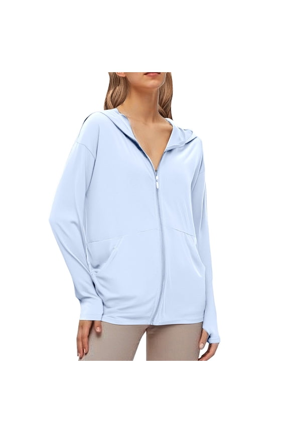Women's Sun Protection Jacket Ice Silk Hooded Sunscreen Pure Color Cardigan,Blue,M