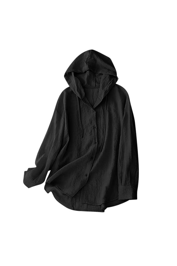 Women's Sun Protection Jackets Solid Color Cotton Linen Hooded Tops Long Sleeve Casual Lightweight Coat Black M