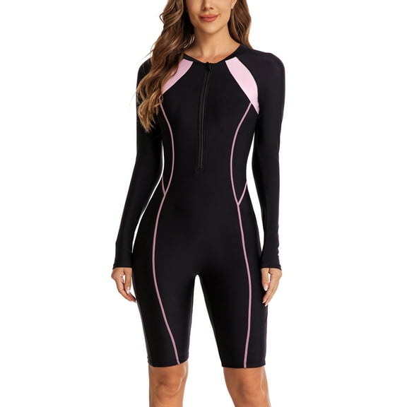 Women’s Sun Protection One Piece Swimwear Long Sleeve Boyleg Swimsuit Zipper Swim Surfing Suit S