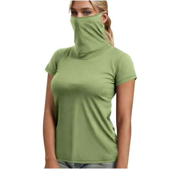 Women's Sun Protection Shirts High Neck Tops with Face Mask Short Sleeve Hiking Lightweight Shirts Blouse Tee Ladies Plus Size Tunics Green XXL