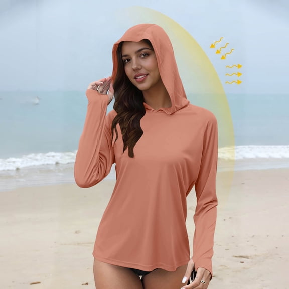 Women's Sun Protection Shirts Tops Quickly Dry Rashs Guard UPF 50+ Thumb Holes Long Sleeve Hooded Workout Shirts Summer Solid Loose Lightweight Comfy Athletic Running T Shirts