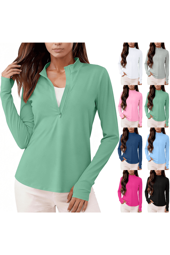 Women's Sun Protection Shirts Zip Up Long Sleeve Quick Dry Tops Moisture Wicking Hiking Rash Guard Athletic Pullover Shirts S-2XL