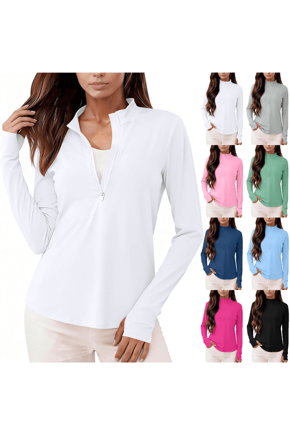 Women's Sun Protection Shirts Zip Up Long Sleeve Quick Dry Tops Moisture Wicking Hiking Rash Guard Athletic Pullover Shirts S-2XL