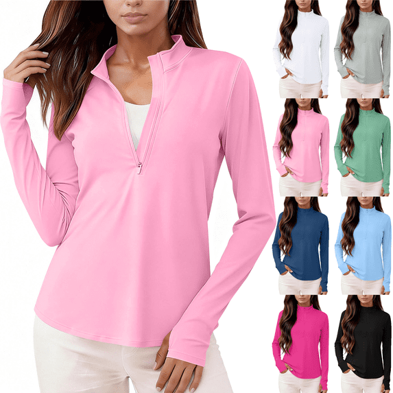 Women's Sun Protection Shirts Zip Up Long Sleeve Quick Dry Tops Moisture Wicking Hiking Rash Guard Athletic Pullover Shirts S-2XL