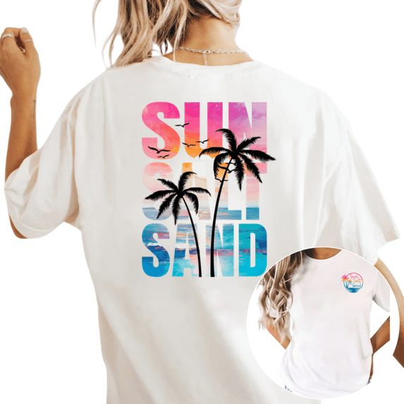 Women's "Sun Salt Sand" Palm Tree Beach Graphic T Shirt Tropical Summer Vacation Print Casual Short Sleeve Round Neck Top White S-5XL