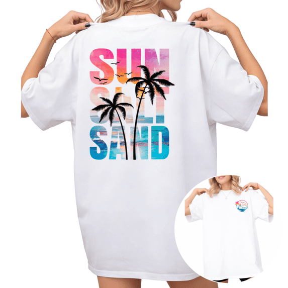 Women's "Sun Salt Sand" Palm Tree Beach Graphic T Shirt Tropical Summer Vacation Print Casual Short Sleeve Round Neck Top White S-5XL