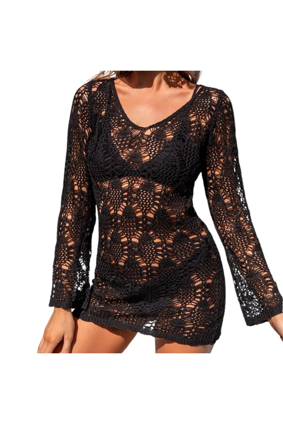 Women's Sun Shirt Jacket Patchwork Beach Bikini Sunblock Knitted Smock Woman Cardigan,Black,S