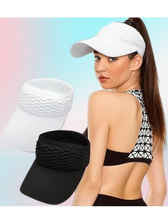 Women's Sun Visor Hat 2 Pack, Quick-Dry Elastic Knitted Brim Sports Hat for Golf, Running, Beach (Black & White, Set of 2)