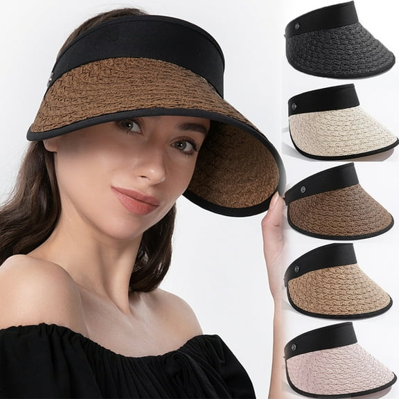Women's Sun Visor Hats Wide Brim Straw Beach Hat Ponytail Hats for Women Foldable Floppy
