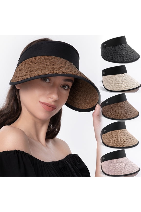 Women's Sun Visor Hats Wide Brim Straw Beach Hat Ponytail Hats for Women Foldable Floppy