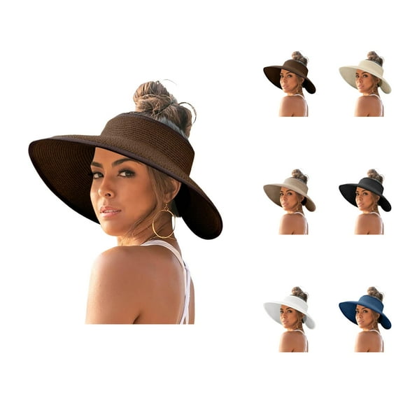 Women’s Sun Visors – Foldable Straw Wide Brim Hat UV Protection, Empty Top Ponytail-Friendly Summer Hat for Beach, Pool, Outdoor Hiking and Travel
