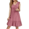 thumbnail image 1 of Women's Sundresses Cotton Linen Ruffle Tiered Layered Sleeveless Pleated Midi Dresses V Neck Knee Length Western A-Line Dresses Pink XL, 1 of 6