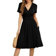 MLDRA Women's Sundresses Short Sleeve Casual Dresses V-Neck Party Dress with Pockets Summer Black(Available in Plus Size)