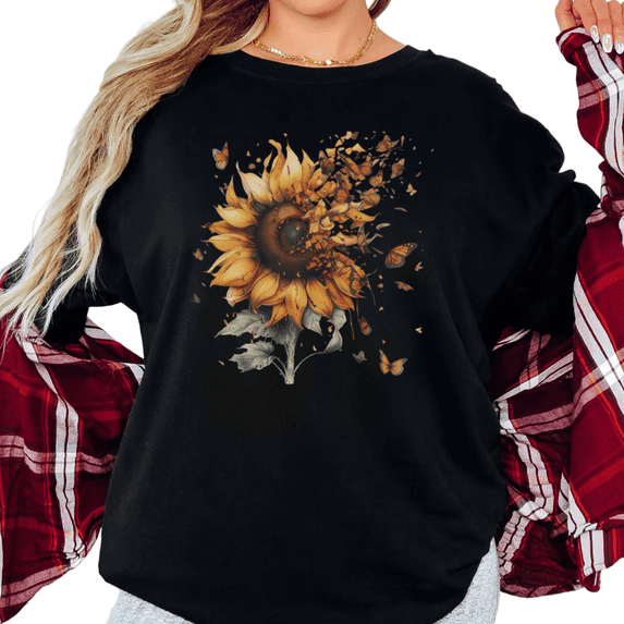 Women's Sunflower Butterfly Art Nature Graphic Comfortable T Shirt Breathable Short Sleeve Round Neck Top Black S-5XL