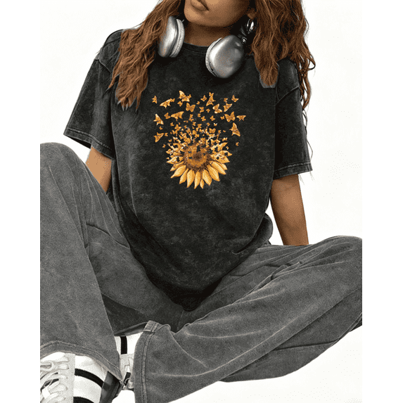 Women's Sunflower Butterfly Breathable T Shirt Casual Top Bohemian Graphic Black S-2XL Plus Size
