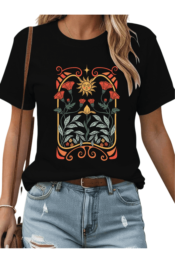 Women's Sunflower Floral Graphic Comfortable Cotton T Shirt Casual Short Sleeve Round Neck Top Black S-5XL