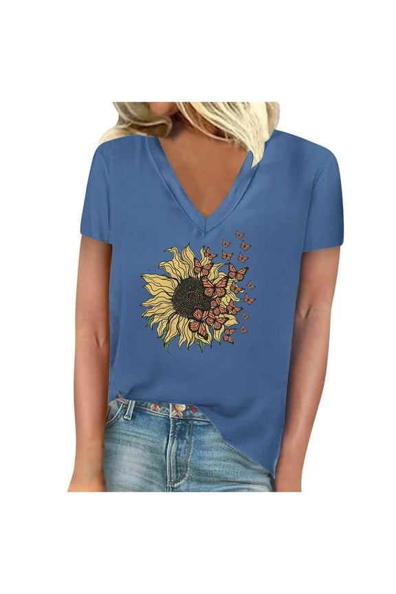 Women's Sunflower Graphic T-Shirts Short Sleeve Soft V Neck Shirts Casual Loose Fit Holiday Irregular Hem Tops