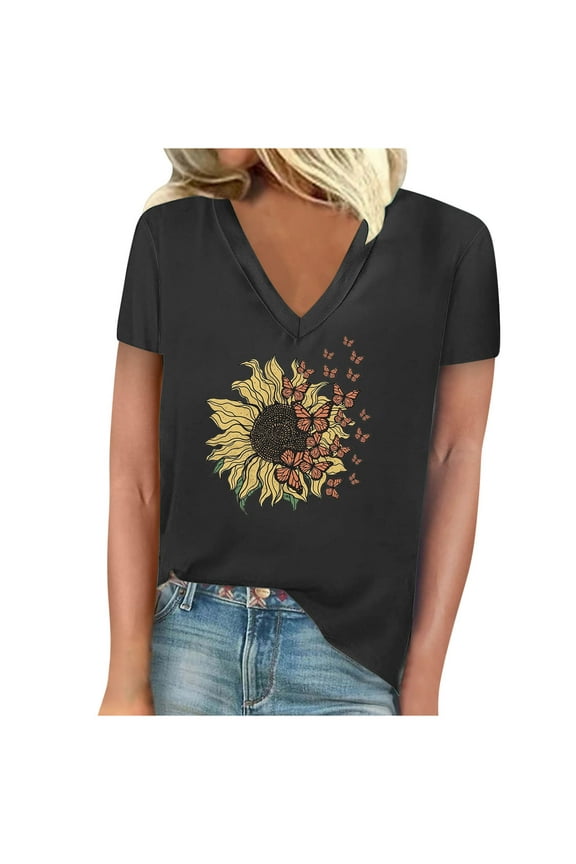 Women's Sunflower Graphic T-Shirts Short Sleeve Soft V Neck Shirts Casual Loose Fit Holiday Irregular Hem Tops