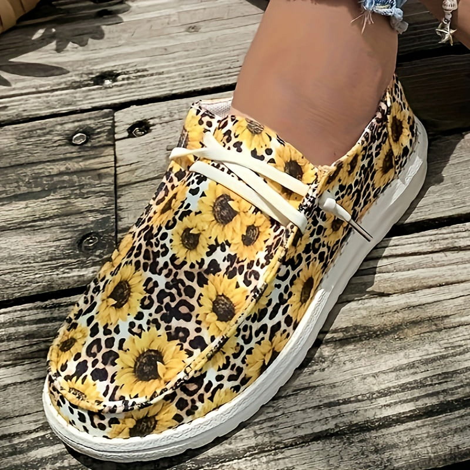 Women's Sunflower & Leopard Print Canvas Shoes, Casual Lace