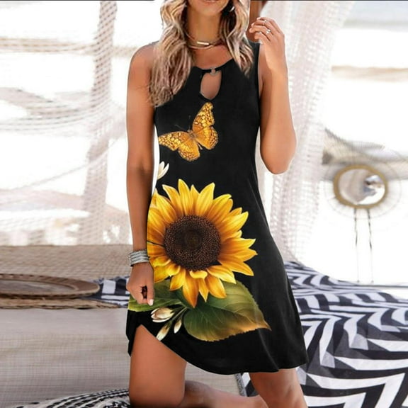 DailyTrove Women's Sunflower Print Fit & Flare Dress, Sleeveless, Casual Beach & Festival Wear, Lightweight Cotton Blend, Ruffled Hem