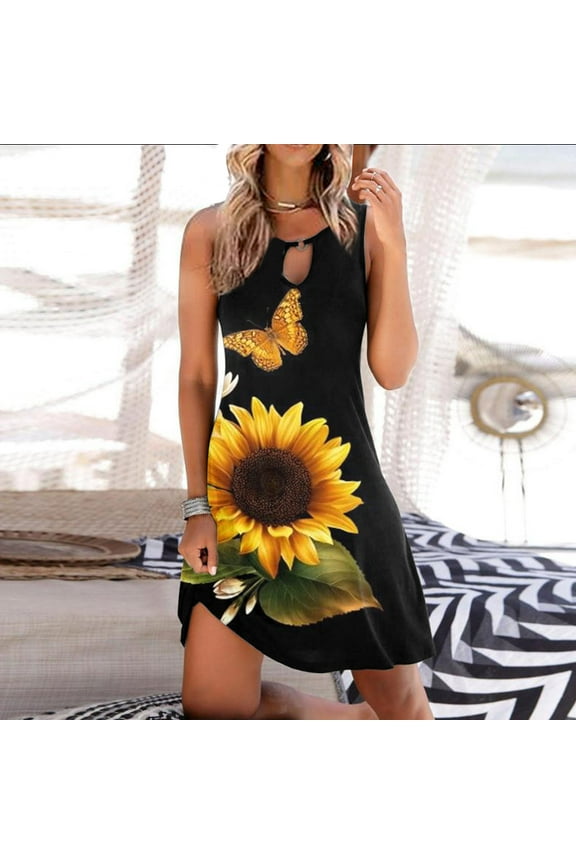 Women's Sunflower Print Fit & Flare Dress, Sleeveless, Casual Beach & Festival Wear, Lightweight Cotton Blend, Ruffled Hem