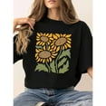thumbnail image 1 of Women's Sunflower Print Tee Drop Shoulder Round Neck Half Sleeve Top Summer Daily Wear Black S-5XL, 1 of 5