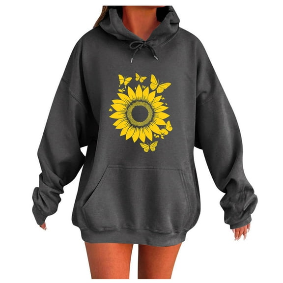 Women's Sunflower Printed Hoodies Oversized Long Sleeve Drawstring Hooded Sweatshirts Casual Fashion Sweater Tops with Pockets (2XL, Dark Gray)