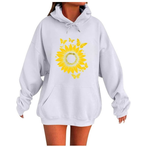 Women's Sunflower Printed Hoodies Oversized Long Sleeve Drawstring Hooded Sweatshirts Casual Fashion Sweater Tops with Pockets (M, White)