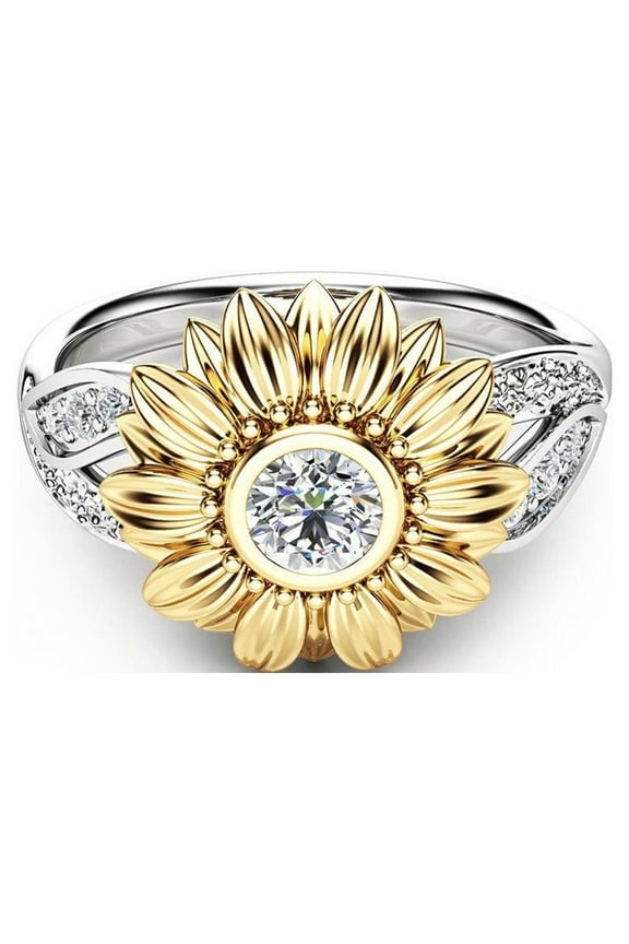Women's Sunflower Ring, Two Tone Gold Flower Ring with Cubic Zirconia, Floral Fashion Jewelry, Dainty Statement Ring Gift for Her