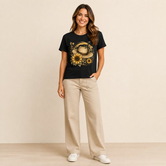 Women's Sunflower Straw Hat Graphic T-Shirt, Black Short Sleeve Crew Neck Summer Casual Tee