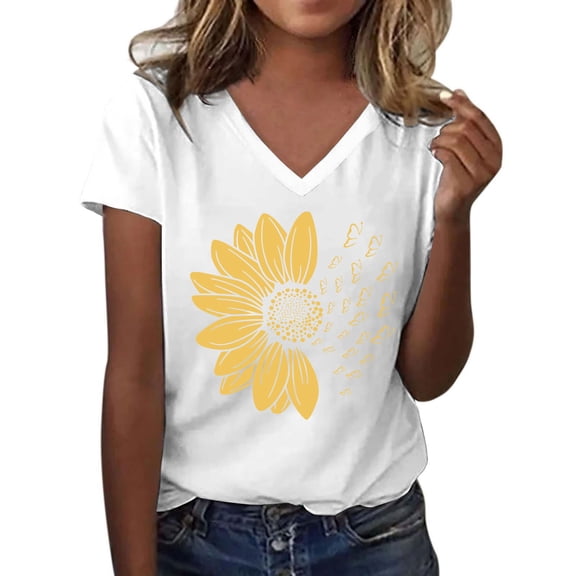Women's Sunflower T-Shirt - Plus Size Summer Top - Short Sleeve Graphic Tee - V-Neck Casual Wear | Baberdicy | Women's Sunshade Summer T Shirt Plus Size Loose Top Top Girls Short (White | XXL)
