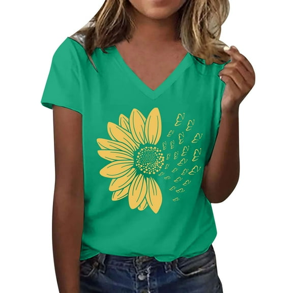 Women's Sunflower T-Shirt - Plus Size Summer Top - Short Sleeve Graphic Tee - V-Neck Casual Wear | Baberdicy | Women's Sunshade Summer T Shirt Plus Size Loose Top Top Girls Short (Green | XXL)