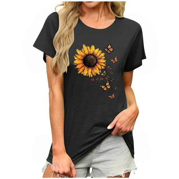 Women's Sunflower T-Shirt Short Sleeve Crewneck Floral Graphic Tees Summer Print Casual Tops