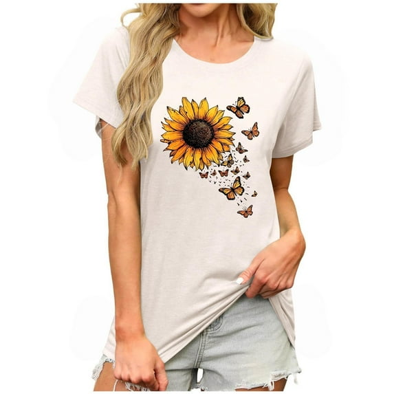 Women's Sunflower T-Shirt Short Sleeve Crewneck Floral Graphic Tees Summer Print Casual Tops