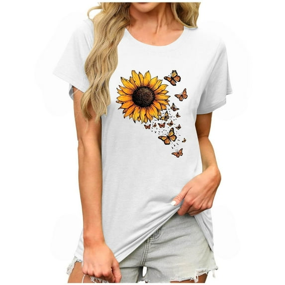Women's Sunflower T-Shirt Short Sleeve Crewneck Floral Graphic Tees Summer Print Casual Tops
