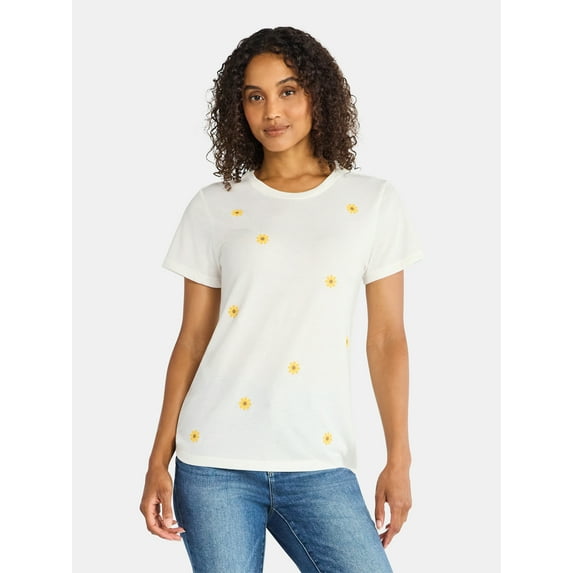 Positivitees Women's Sunflower Toss Graphic Seasonal Fall Tee, Sizes S-XXXL
